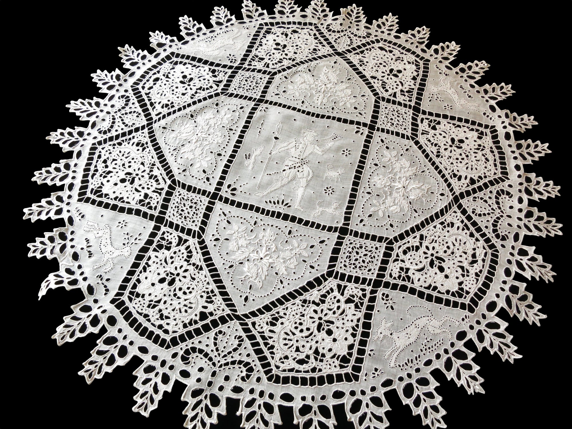 Call to the Hunt Antique French Embroidery Round Linen Tablecloth 30"
