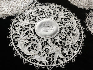 Dogs, Pheasants & Deer c1900 Antique Point de Venise Lace Table Setting for 6