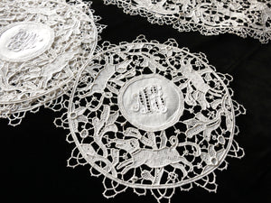 Dogs, Pheasants & Deer c1900 Antique Point de Venise Lace Table Setting for 6