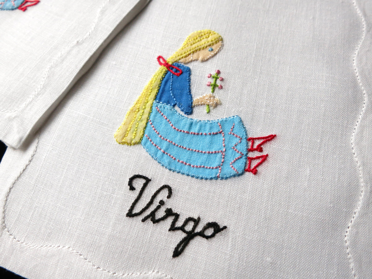 Vintage Virgo Zodiac Madeira Embroidered Linen Cocktail Napkins, Set of 8