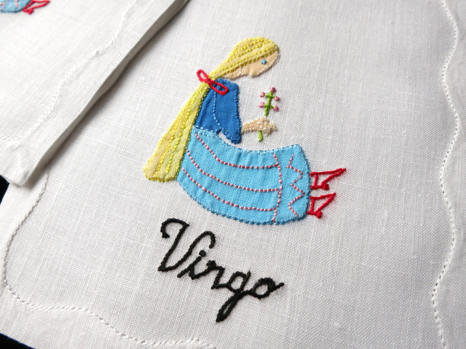 Vintage Virgo Zodiac Madeira Embroidered Linen Cocktail Napkins, Set of 8