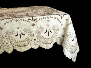 Dramatic Antique Madeira Densely Embroidered Tablecloth 66x120"