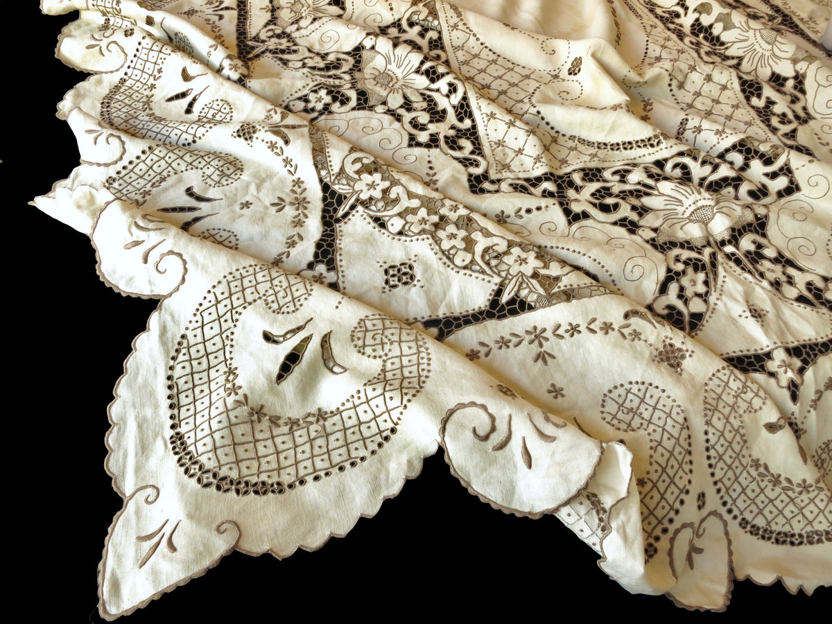 Dramatic Antique Madeira Densely Embroidered Tablecloth 66x120&quot;