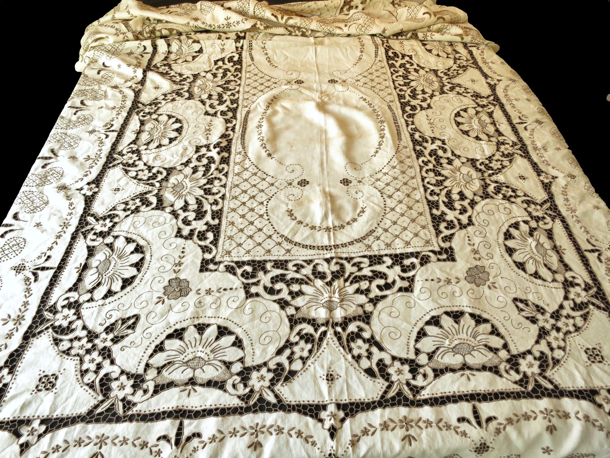 Dramatic Antique Madeira Densely Embroidered Tablecloth 66x120"