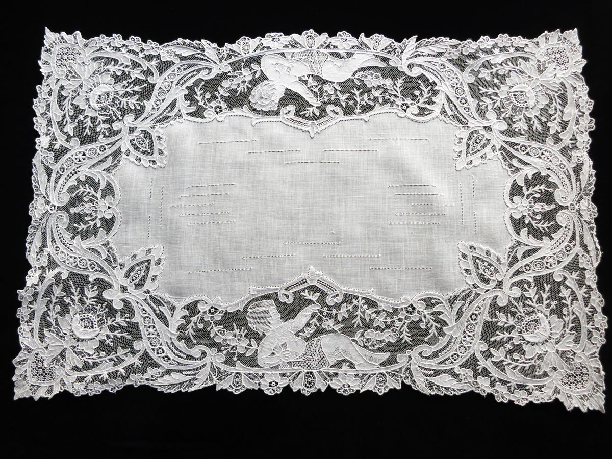 Cherubs &amp; Flowers Antique 19th Century Point de Gaze Lace Placemats - Set of 12