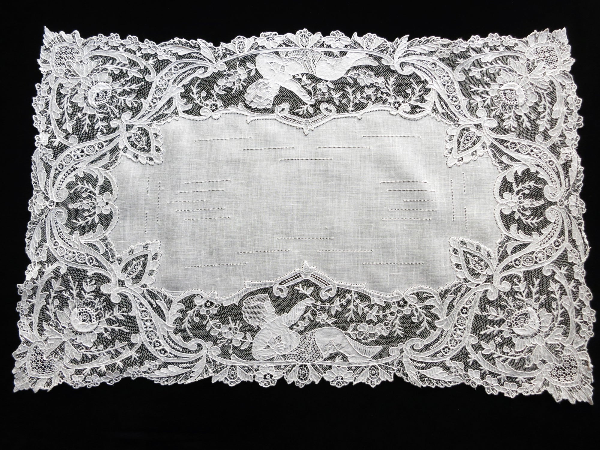 Cherubs & Flowers Antique 19th Century Point de Gaze Lace Placemats - Set of 12