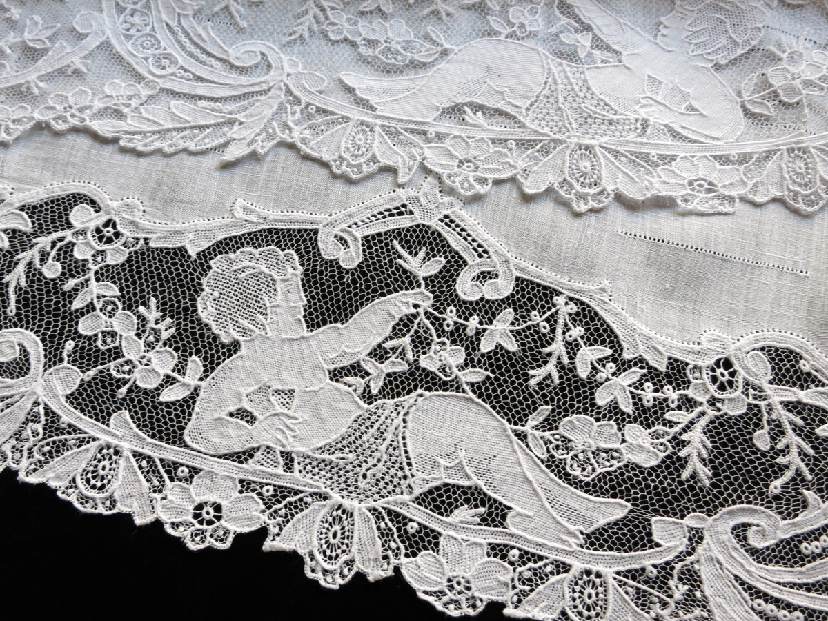 Cherubs &amp; Flowers Antique 19th Century Point de Gaze Lace Placemats - Set of 12