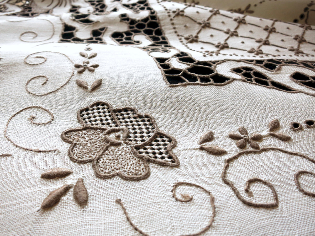 Dramatic Antique Madeira Densely Embroidered Tablecloth 66x120&quot;