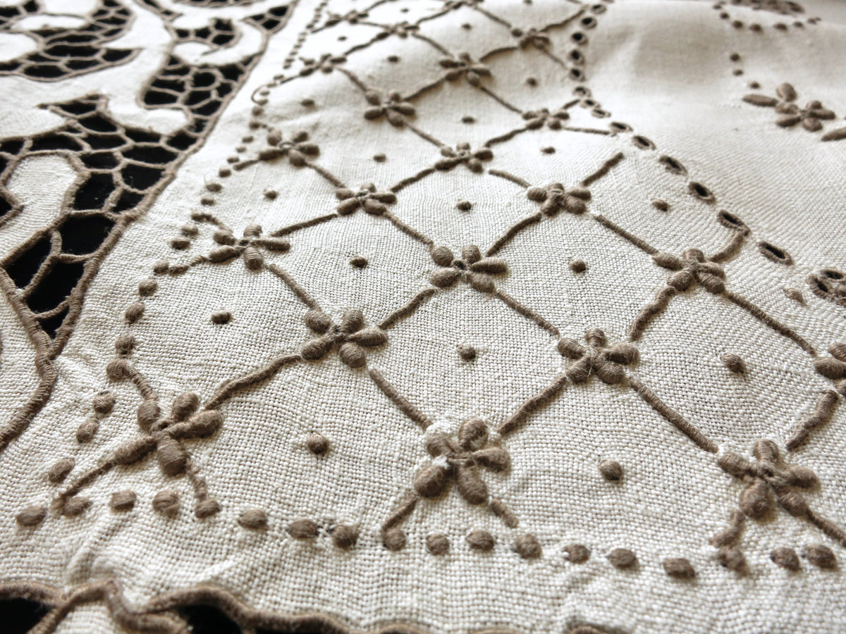 Dramatic Antique Madeira Densely Embroidered Tablecloth 66x120&quot;