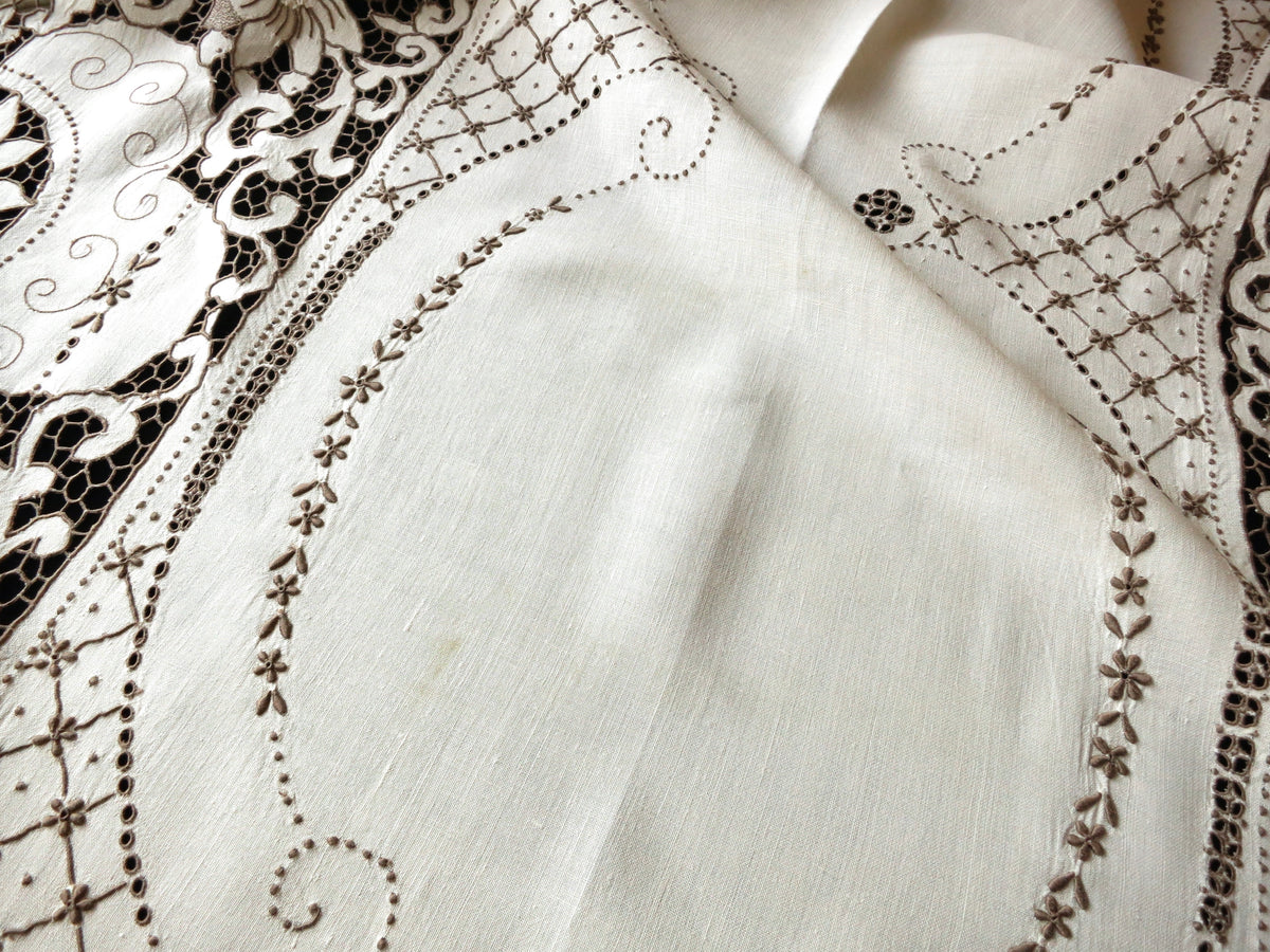 Dramatic Antique Madeira Densely Embroidered Tablecloth 66x120&quot;