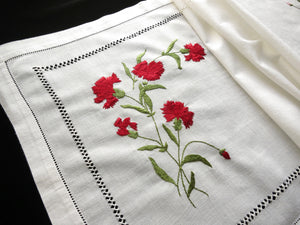Carnations in Red & Pink Vintage Embroidered Linen Table Runner 17x48"