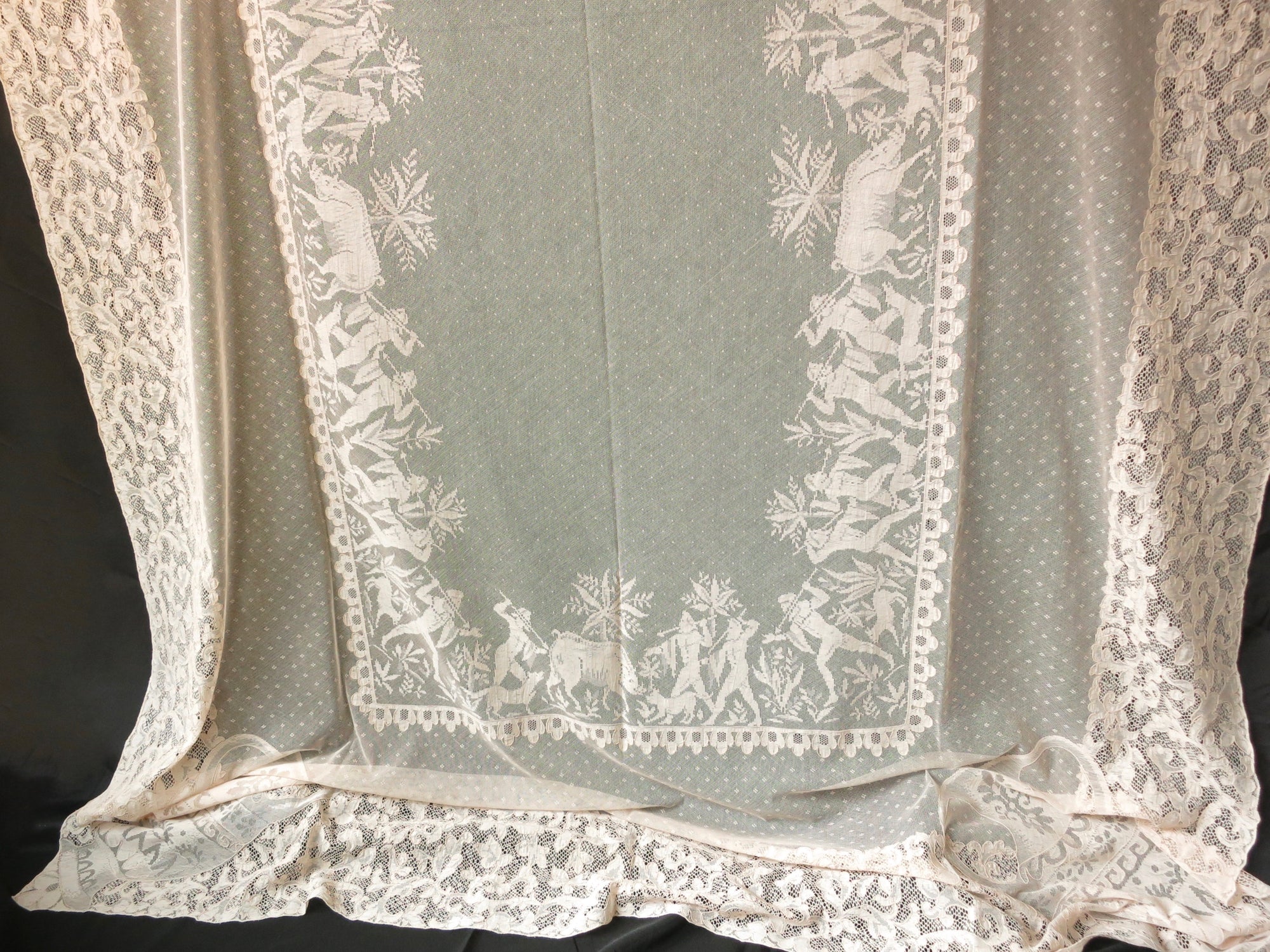 Ancient Greek Hunt Antique French Alencon Lace Tablecloth 68x108