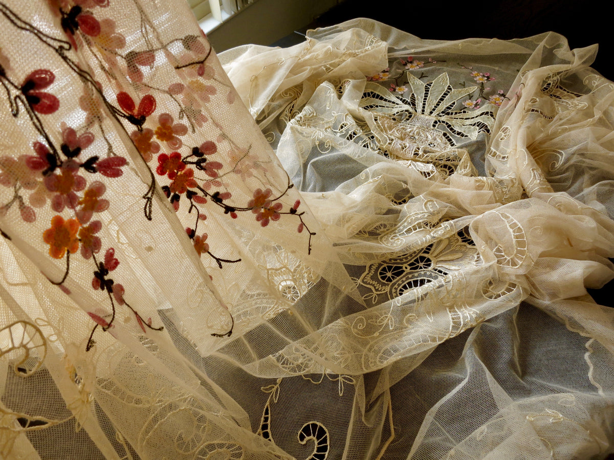 Cherry Blossoms Antique c1930 Tambour Lace Coverlet Full Size