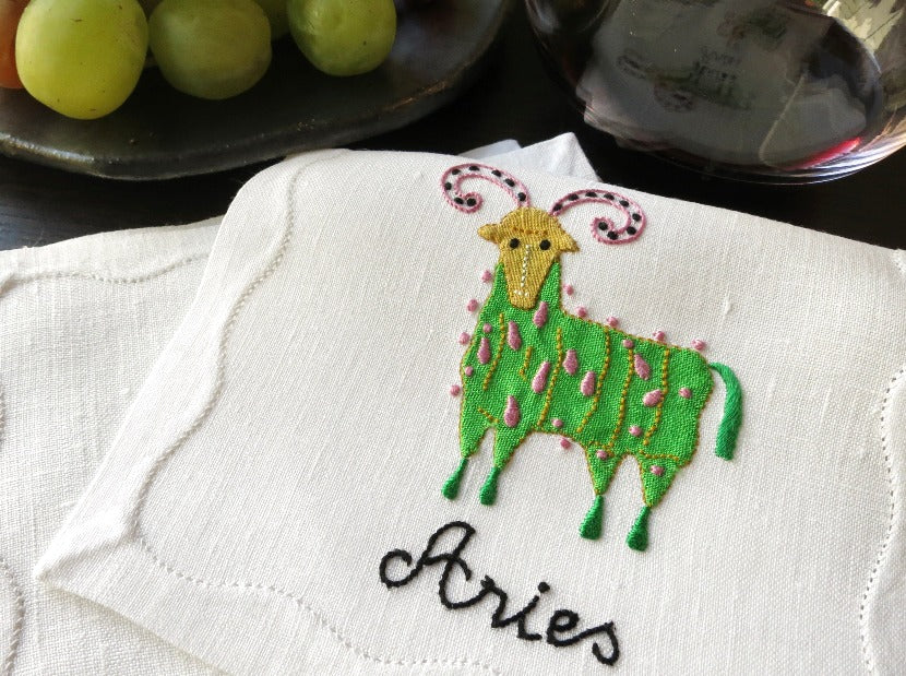 Vintage Aries Zodiac Madeira Embroidered Linen Cocktail Napkins - Set of 8