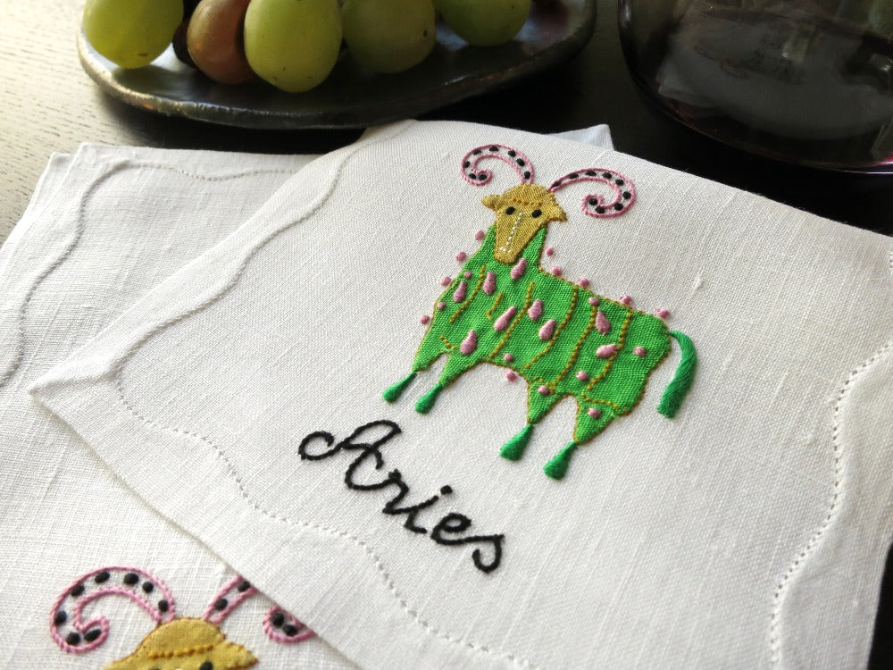 Vintage Aries Zodiac Madeira Embroidered Linen Cocktail Napkins - Set of 8