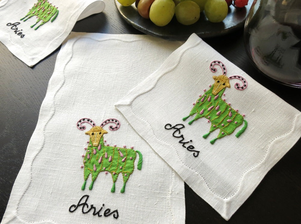 Vintage Aries Zodiac Madeira Embroidered Linen Cocktail Napkins - Set of 8