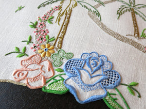 Tropical Vibes Colorful Vintage Madeira Embroidery Linen Table Runner 13x26"