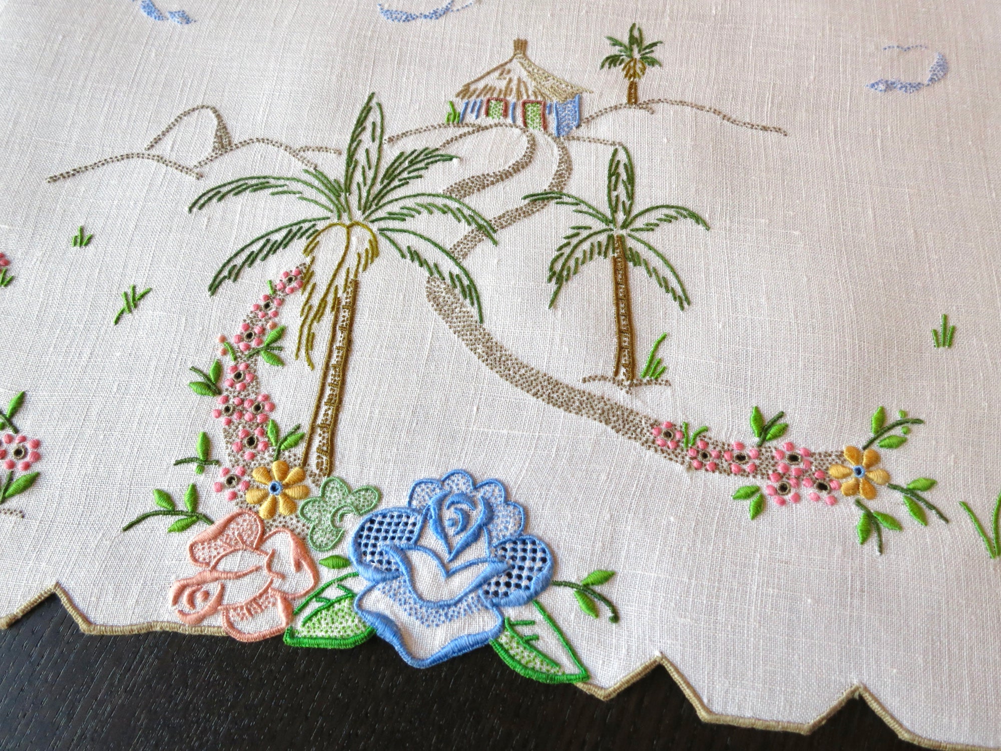 Tropical Vibes Colorful Vintage Madeira Embroidery Linen Table Runner 13x26"