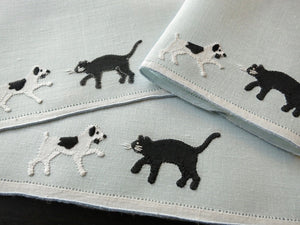 Cats & Dogs Vintage Madeira Embroidered Cocktail Linen Napkins - Set of 6