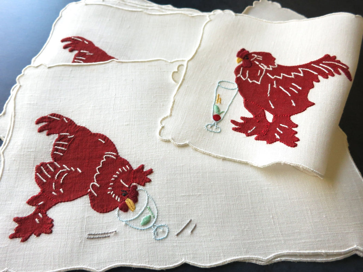 Roosters Peck at Garnishes Vintage Madeira Cocktail Napkins, Set of 8