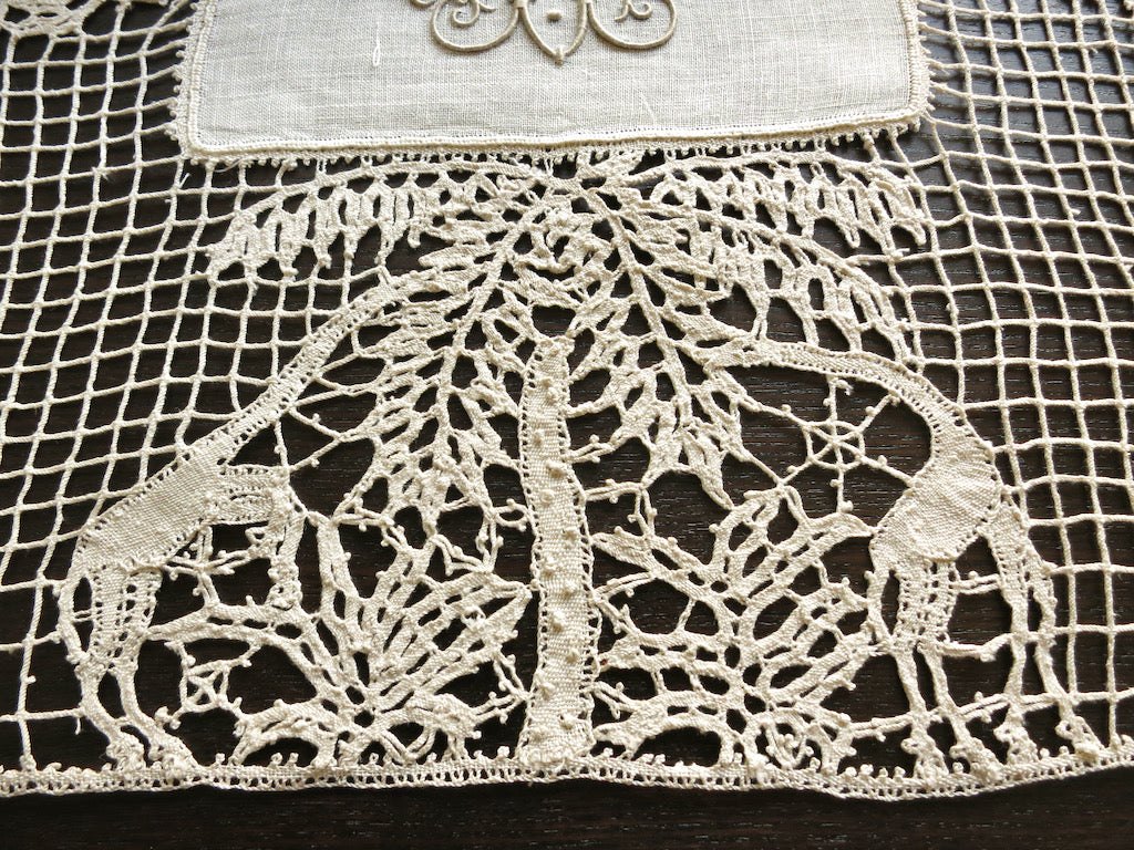 Giraffes in Handmade Lace Antique Table Runner 15x43"
