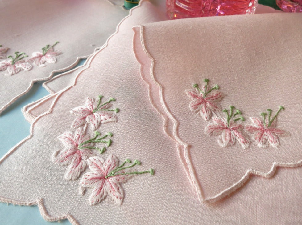 Pink Hibiscus Flowers Vintage Madeira Cocktail Napkins ~ Set of 6