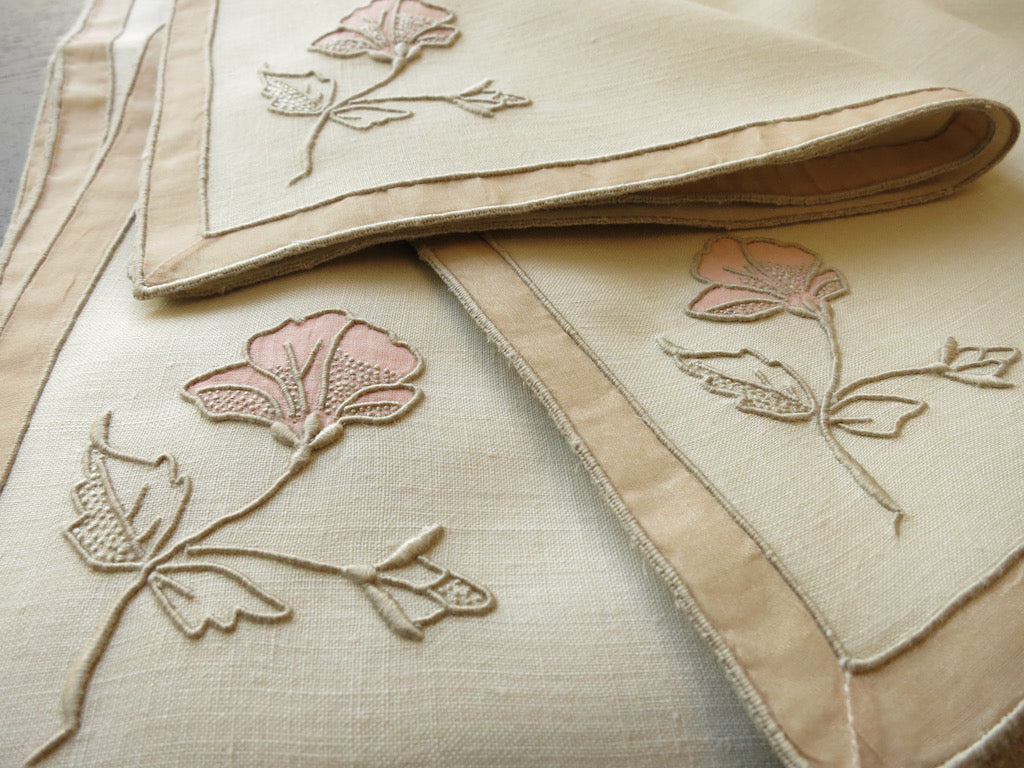 "Hibiscus" Vintage Marghab Madeira Embroidery Tea Napkins - Set of 12
