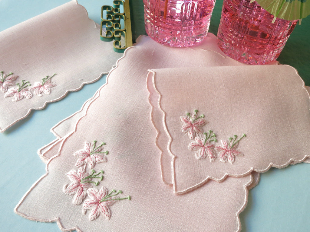 Pink Hibiscus Flowers Vintage Madeira Cocktail Napkins ~ Set of 6