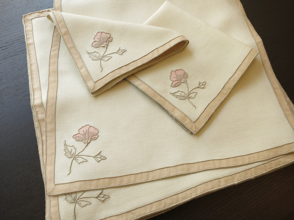 &quot;Hibiscus&quot; Vintage Marghab Madeira Embroidery Tea Napkins - Set of 12