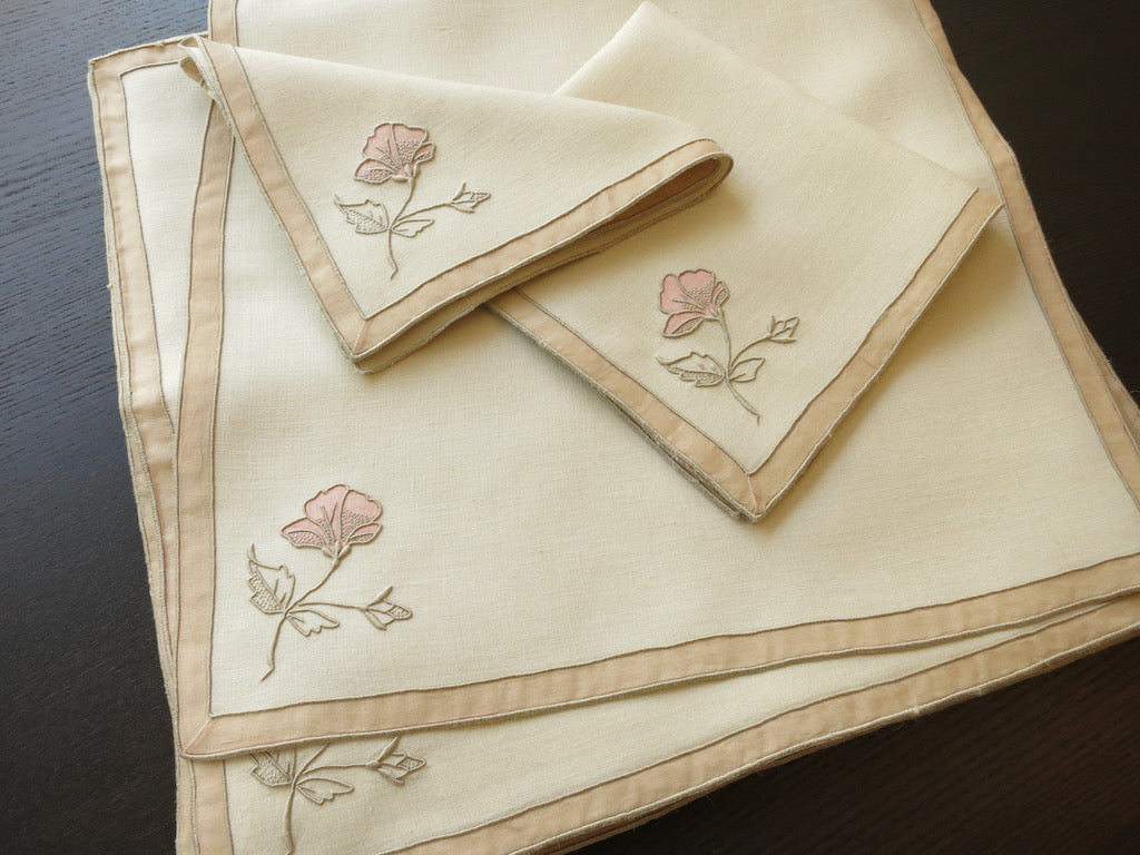 "Hibiscus" Vintage Marghab Madeira Embroidery Tea Napkins - Set of 12