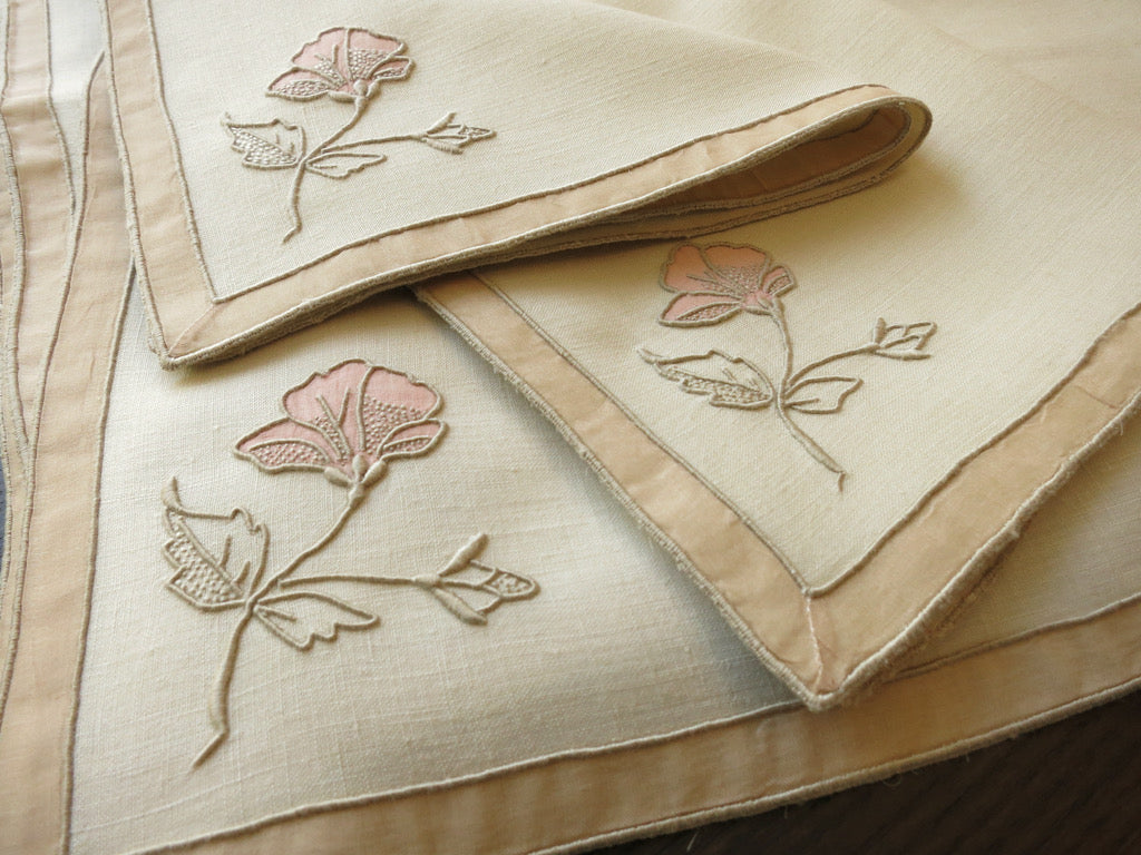 &quot;Hibiscus&quot; Vintage Marghab Madeira Embroidery Tea Napkins - Set of 12