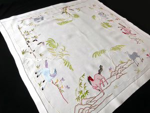 Fantasy Horses Vintage Hand Embroidered Tablecloth Topper 35"