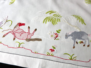 Fantasy Horses Vintage Hand Embroidered Tablecloth Topper 35"
