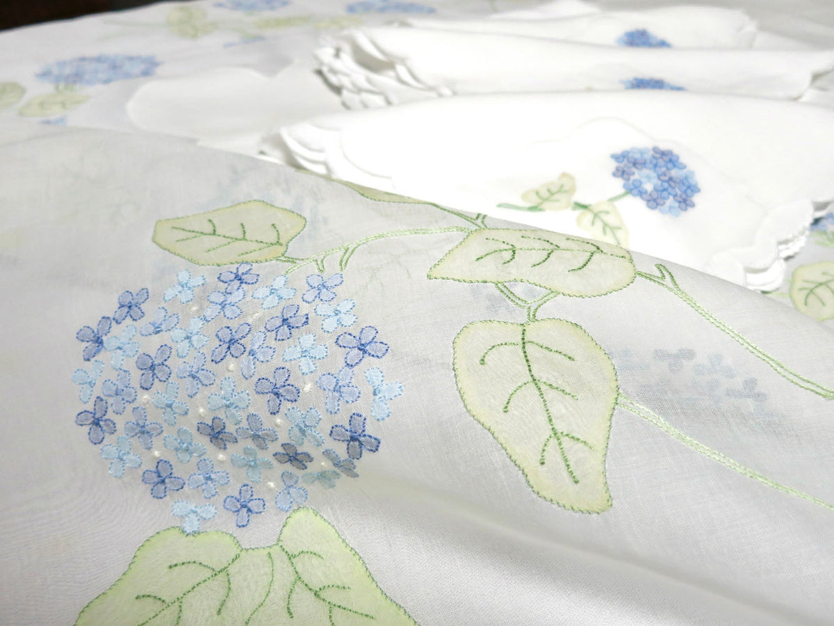 Detail of Madeira organdy tablecloth with hand embroidered hydrangea blossoms.