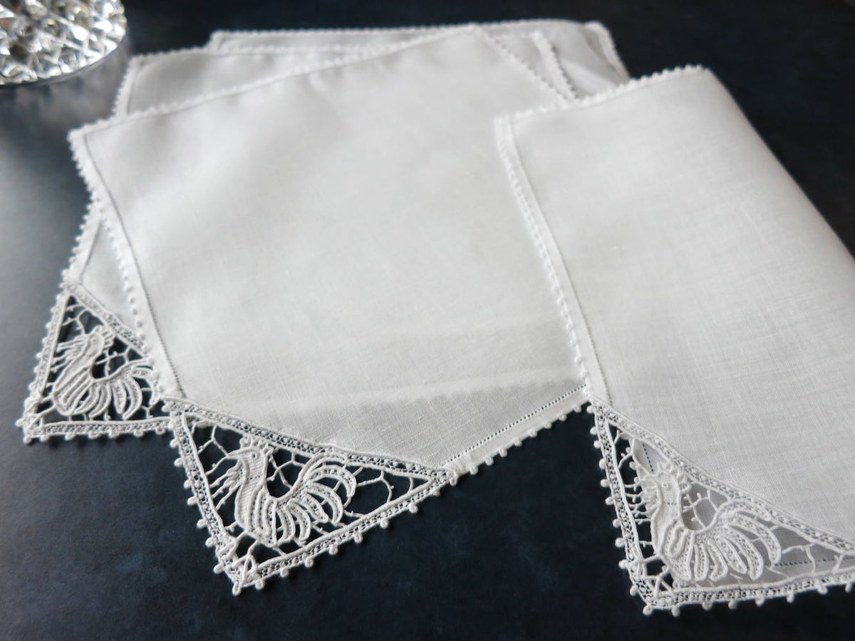 Classic Rooster Vintage Italian Lace &amp; Linen Cocktail Napkins, Set of 8