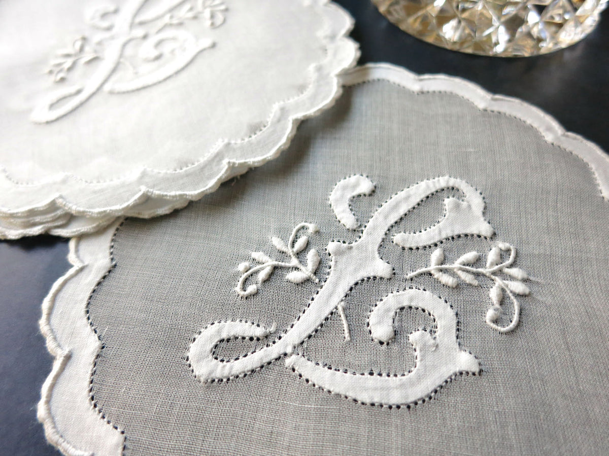 &quot;L&quot; Monogram Vintage Madeira Organdy Cocktail Rounds, Set of 6