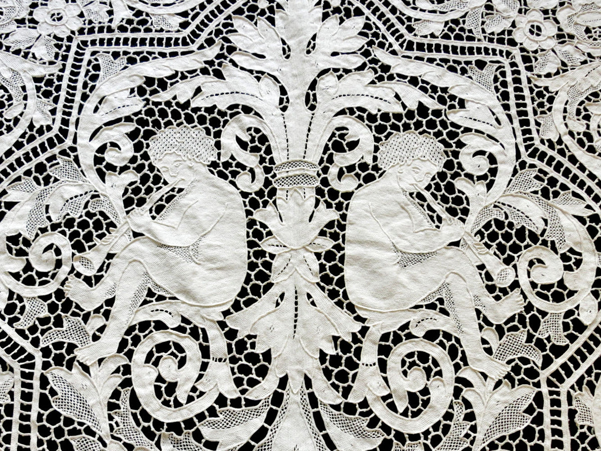 Art Deco Cherubs Birds Musicians Antique Lace Coverlet Tablecloth 90x90&quot;