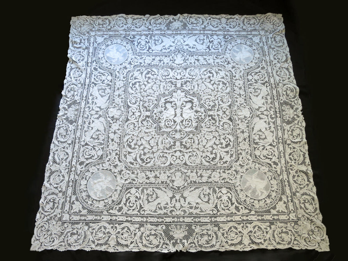 Art Deco Cherubs Birds Musicians Antique Lace Coverlet Tablecloth 90x90"