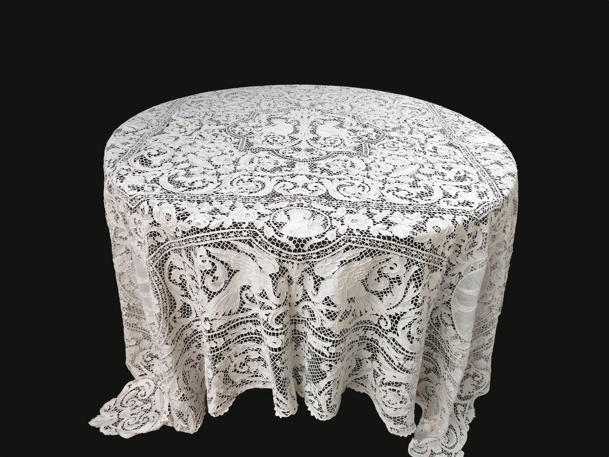 Art Deco Cherubs Birds Musicians Antique Lace Coverlet Tablecloth 90x90"