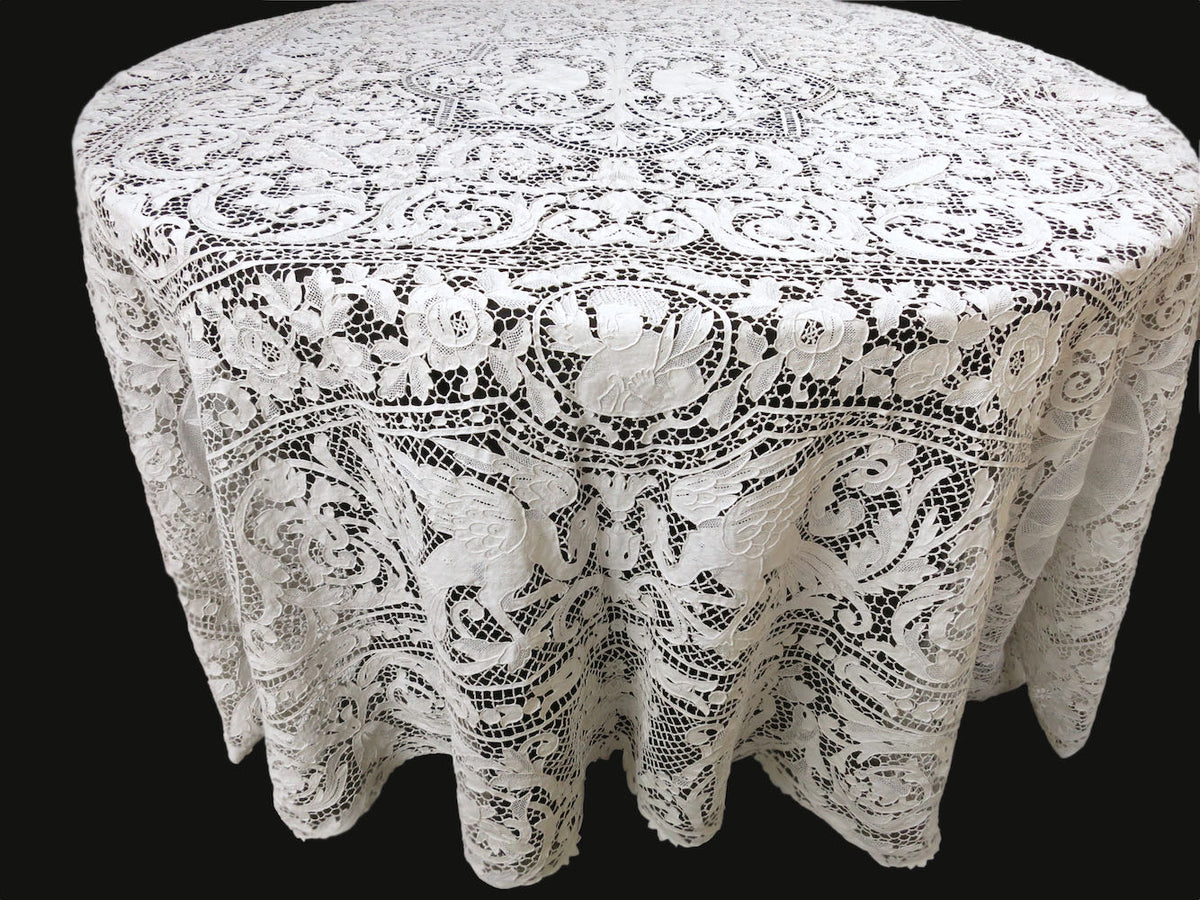 Art Deco Cherubs Birds Musicians Antique Lace Coverlet Tablecloth 90x90"