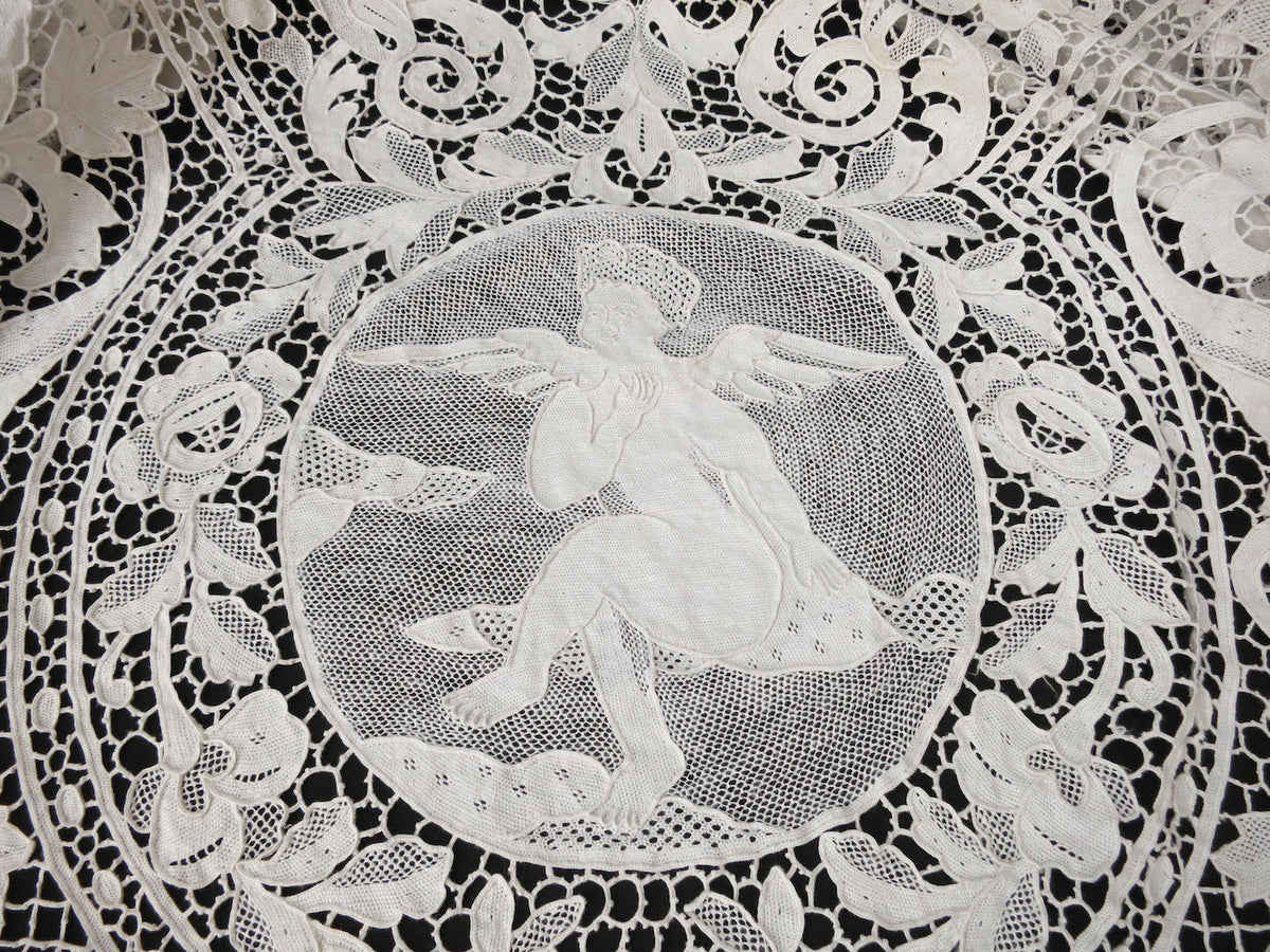 Art Deco Cherubs Birds Musicians Antique Lace Coverlet Tablecloth 90x90"