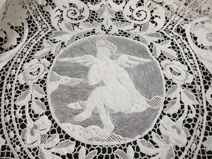Art Deco Cherubs Birds Musicians Antique Lace Coverlet Tablecloth 90x90"