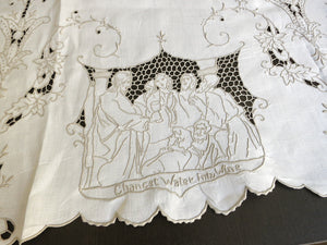 Supper with Da Vinci, Vintage Madeira Linen Tablecloth  140"