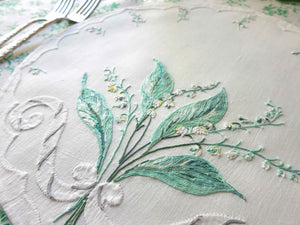 Lily of the Valley Vintage French Beauvais Embroidered Linen 10 Placemats