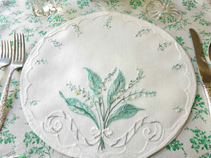 Lily of the Valley Vintage French Beauvais Embroidered Linen 10 Placemats