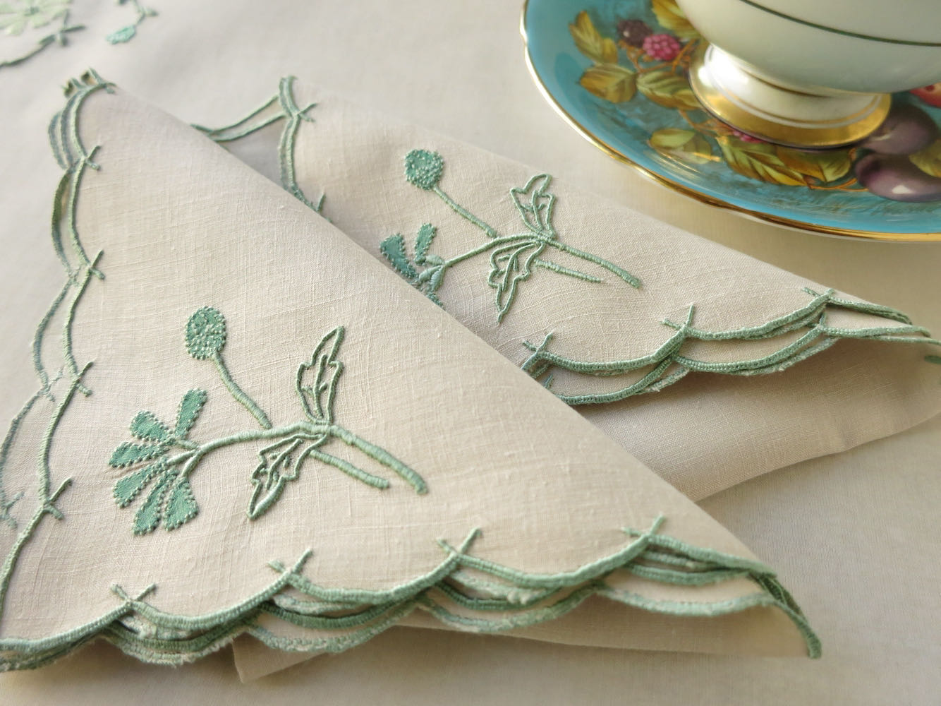 Cornflower" in Green Vintage Marghab 3pc Breakfast Set w/ Linen Napkins