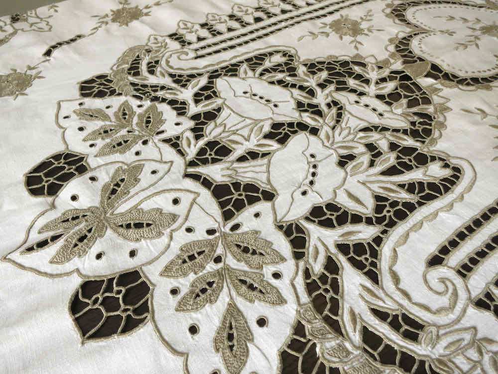 Vintage Madeira Dense Embroidery & Cutwork Tablecloth 64 x 106"