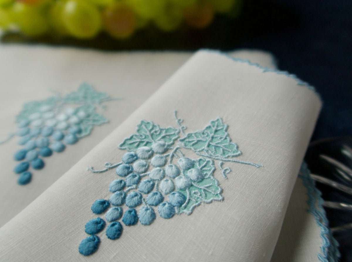 &quot;Grape &amp; Leaf&quot; in Blue Vintage Marghab Cocktail Napkins, Set of 8