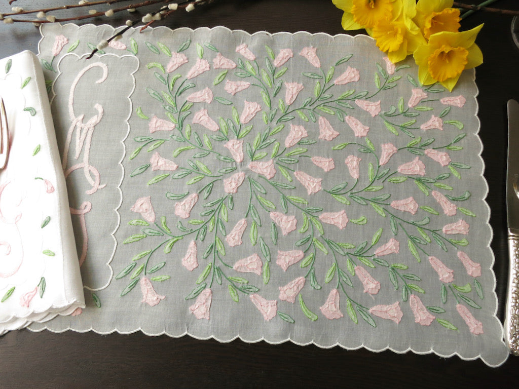 Pink Flowers Vintage Madeira Embroidery 24pc Placemat Setting for 12