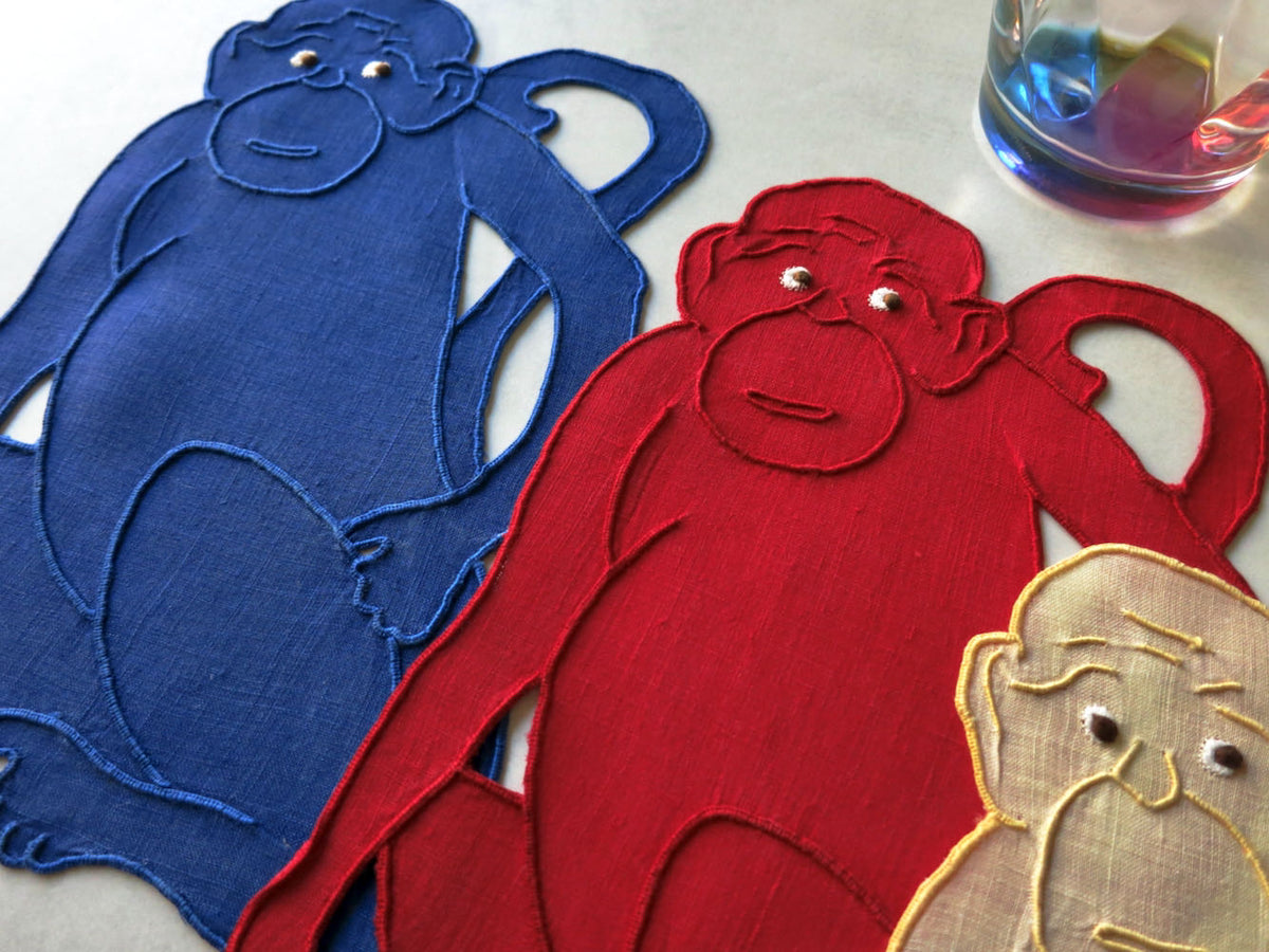 Monkeying Around Vintage Madeira Linen Cocktail Napkins, Set of 8